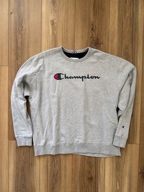 Champion Gray Crewneck Sweatshirt with Red & Navy Logo